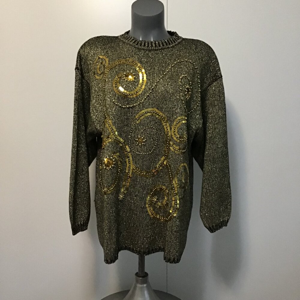 Vintage Principles Woman Metallic Gold Sweater With Beading and Sequins Size 2X